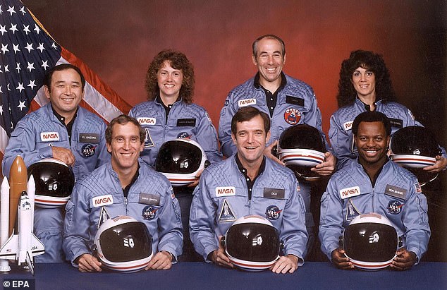 The crew of the Challenger space shuttle, which exploded 72 seconds after take-off:(L-R front row) Astronauts Mike Smith, Dick Scobee, Ron McNair and (L-R, rear row) Ellison Onizuka, school teacher Christa McAuliffe, Greg Jarvis, and Judith Resnik