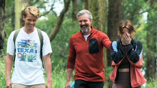 Byron, Vic and Nicolette have a laugh on their walk in Neighbours